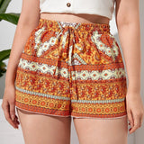 Plus Size Floral Print Summer Casual Shorts Women Elastic Knot Waist Elegant Boho Shorts Female Plus Size Women Clothing 7XL 8XL