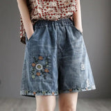Women Shorts Vintage High Waist Summer Shorts Embroidery Pattern Pocket Denim Shorts Elastic Waist Wide Leg Loose Shorts
