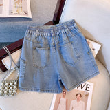 Plus-size women's summer casual denim shorts Blue washed denim fabric elastic waist large pocket design classic commuter jeans