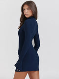 Mozision Dark Blue Two Pocket Sexy Mini Dress For Women Autumn Winter New Long Sleeve Bodycon Club Party Dress Elegant