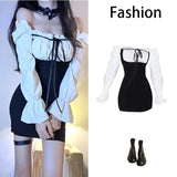 Kuzuwata Sexy Fake Two-piece Black Mini Dress  Summer New Women Bag Hip Long sleeve College Outfits Beach Club Party Dresses