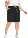Plus Size Summer Drawstring Waist Casual Shorts Women Solid Black Loose Elastic Waist Pocket Sides Sports Shorts Large Size 8XL