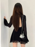 HOUZHOU Backless Black Dress Women Elegant Back Hollow Out Lace-up Long Sleeve Mesh Patchwork Sexy Slim Ruffle Mini Dress Party