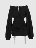 Off Shoulder Long Sleeve Pleated Sheath Dress  Street Style Hot Girl Dress Spring Autumn Sexy Short Party Dresses