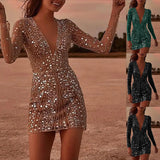 Women Sexy Glitter Dress Elegant Deep V Neck Sequin Mini Bodycon Dress Spring Long Sleeve Party Club Dresses