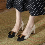 2024 New Temperament Elegant Fashion High-heeled Shoes Women's Shoes Spring Bow Mid-heel Leather All-match Thick-heeled Shoes