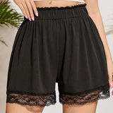 Plus Size Lace Trim Elegant Summer Ribbed Shorts Women Elastic Paperbag Waist Black Casual Shorts Large Size Work Shorts 6XL 7XL