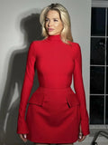 Women Fashion Solid High Collar Mini Dress Elegant Long Sleeves Double Pockets Decor A-line Dresses  Sexy Bodycon Robes