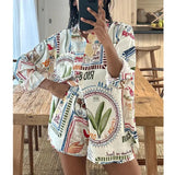 Printed Pattern Women's Shirt Set Summer Casual Geometric Long Sleeved Single Breasted Top High Waisted Loose Beach Shorts Set