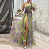 Elegant Formal Party Dress Elegant One Shoulder Tie-dye Ball Gown with Mesh Bubble Sleeves Split Hem Women's Evening Dress
