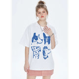 Cartoon Dogs Printing Kpop White T Shirts Funny Women Short Sleeve Loose Cotton Casual Tops Crewneck Dog Lover's Tees Streetwear