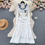 Elegant V Neck Single Breasted Embroidery Long Sleeve Knit  A-line Dress Slim Fashion Sweater Sexy Women Autumn Winter Clothing