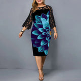 Plus Size Women Clothing Elegant Casual Party Dress Autumn/Winter Lace Print Knee-Length Flare Sleeve O-Neck