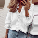 Oversized Women Fashion V Neck Ruffle Frill Shirt Blouse Ladies Long Sleeve Casual Office Work Tops Clothing Plus Size L-5XL