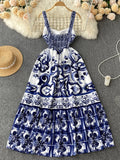 Runway Summer Holiday Maxi Dress Women's Spaghetti Strap V Neck Backless Blue And White Porcelain Print Vacation Long Vestido