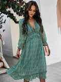 Msfilia Autumn Winter Ladies Sexy V Neck Print Medium Long Dress Women Butterfly Sleeve High Waist Chiffon Chic Dress