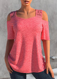 2024 Women Fashion L-5XL Rose Pink T-Shirt Casual Blouses Lace Stitching Cold Shoulder Long Sleeves Plus Size Summer Tops
