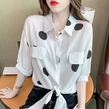 Fashion Lapel Loose Bandage Bow Polka Dot Shirt Women's Clothing  Summer New Oversized Casual Tops Half Sleeve Korean Blouse