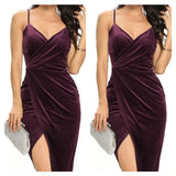 Cross Border European And American Women's Gold Velvet Strap Mid Length Dress Split Gold Stamped Sexy Nightclub Evening Dre