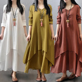 Elegant Chic Cotton Linen Dresses for Women Bohemia Layered Vintage Robe Long Sleeve Loose Dress Oversize Female Autumn Vestidos