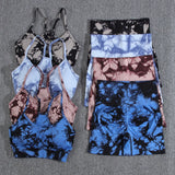 Tie Dye Summer Gym Fitness Shorts Sets Seamless Contrast Color Casual High Waist 2PCS