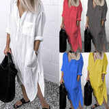 Plus Size Summer Women's Solid Color Split Dress Elegant Casual Button Pocket V-Neck Long Sleeve Lined Long Lined Dress