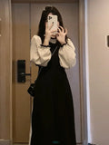 Vintage French Slim A-line Puff Sleeve Bodycon Dress Korea Patchwork Evening Long Dresses for Women Clothing Autumn Winter