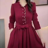Dress 2022 Autumn and Winter New High grade Wooden Fungus Lace Long Sleeve Skirt with Slim Waist V-Neck Dress Elegant Vintage