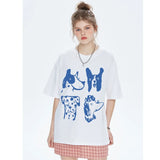 Cartoon Dogs Printing Kpop White T Shirts Funny Women Short Sleeve Loose Cotton Casual Tops Crewneck Dog Lover's Tees Streetwear