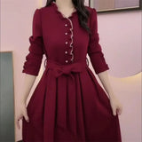 Dress 2022 Autumn and Winter New High grade Wooden Fungus Lace Long Sleeve Skirt with Slim Waist V-Neck Dress Elegant Vintage
