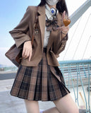 Long Sleeve JK School Uniform Suit Autumn Winter High Waist Plaid Pleated Skirts Women Students Girls Clothes