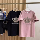 Crown Beading Letter Print Women's Plus Size T-shirt XL-4XL Diamond-studded Female New Tees 2024 Summer Cotton Short Sleeve Tops