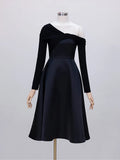 DEAT Women's Fashion Dress Diagonal Collar Long Sleeve Patchwork High Waist Elegant Evening Dresses Autumn 2023 New 13DB3053