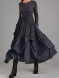 Women Loose Vintage Surplice Neck Splicing Ruffle Hem Flared Dress Long Sleeve Dress Winter Dress Casual Party Dresses
