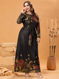 Autumn Winter Dress Long Sleeve Woman Floral Print Casual Long Dress Black Plus Size Women Clothing