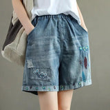 Women Shorts Vintage High Waist Summer Shorts Embroidery Pattern Pocket Denim Shorts Elastic Waist Wide Leg Loose Shorts