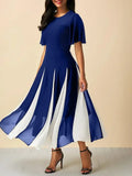 Plus Size Women's Dress Chiffon Patchwork Short Sleeve Casual Tunic Midi Dress Fashion A-Line Pleated Casual Party Dress