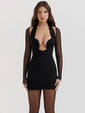 Mozision Mesh Strapless Long Sleeve Sexy Mini Dress For Women Off-shoulder Halter Chest Wrap Bodycon Club Party Dress Elegant
