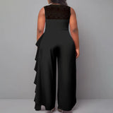 Plus Size Spring Summer Fashion Solid Jumpsuit Women Sexy Round Neck Sleeveless Wooden Ear Edge Wide Leg Pants Elegant Jumpsuit