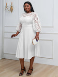 Chic snowsui Pleated Dress Hollow Out Lace Midi Dresses Puff Sleeve Spring Summer Plus Size Elegant Fashion Party Birthday Gowns