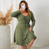 3XL 4XL V-neck Sexy Autumn Plus Size Women Clothing Solid Green Winter Knee-length Dress Square Collar Long Sleeve Sweater Dress