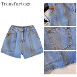 Plus-size women's summer casual denim shorts Blue washed denim fabric elastic waist large pocket design classic commuter jeans