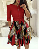 Women's Fashion Style Long Sleeve Dresses Autumn/Winter Round Neck Printed Belt Dress Elegant Office Lady Clothes S-3XL