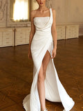 New Elegant Women's Wear White Embroidery Prom Dresses With High Split Satin Evening Gowns For Wedding Party Formal Dress