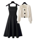 Fashion Spring Knitting Dresses Set Women High Street Black Slim Sling Long Dress with Cardigan Sweater Elegant Two Piece Suit