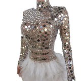 Gorgeous White Feather Sparkling Sequins Prom Dresses Women Irregular Bottom Evening Gown Dress Elegant Mini Skirt W2201022