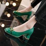 Women's Mid-heel 5.5CM Summer French Style Back Empty Female Thick Heel Square Toe Mary Jane Shoes Black Green Talon Femme