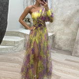 Elegant Formal Party Dress Elegant One Shoulder Tie-dye Ball Gown with Mesh Bubble Sleeves Split Hem Women's Evening Dress