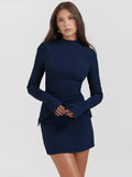 Mozision Dark Blue Two Pocket Sexy Mini Dress For Women Autumn Winter New Long Sleeve Bodycon Club Party Dress Elegant