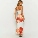 CUTENOVA Women's 2024 New Flower Printed Tubeless Dress Casual Vacation Off Shoulder Slim Beach Floor Length Long Dress